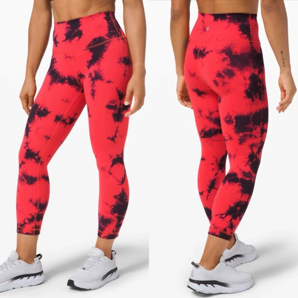 Lululemon Wunder Train High-Rise Crop 21" *Wash Tie Dye Carnation Red Black Sz 6 - Picture 1 of 10